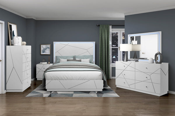 English Elm Glamorous White Lacquer California King Bed with Led Headboard and Geometric Accents B011S02214