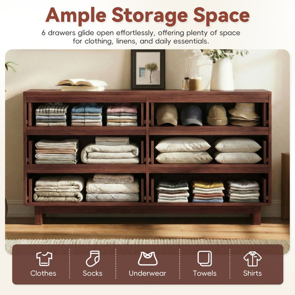 English Elm 60" Wave Front Six Drawer Dresser Sculptural Engineered Wood Media Console for Bedroom Walnut N739S0000011D