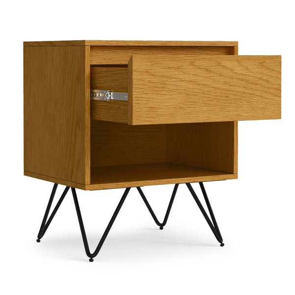 English Elm Hunter Handcrafted Nightstand with Solid Wood Veneer, Single Drawer & Open Shelf, Modern Industrial Design Oak B136P364303