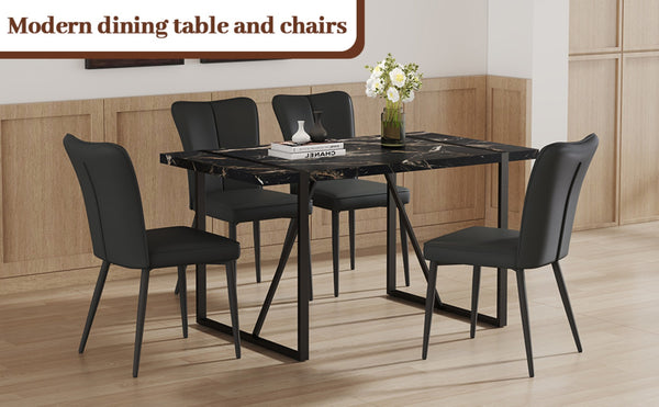 English Elm Table Modern Black Marble Mdf Dining Set With 4 Stylish Pu Chairs - Perfect For Kitchen & Dining Room W1151S02525-GIGA