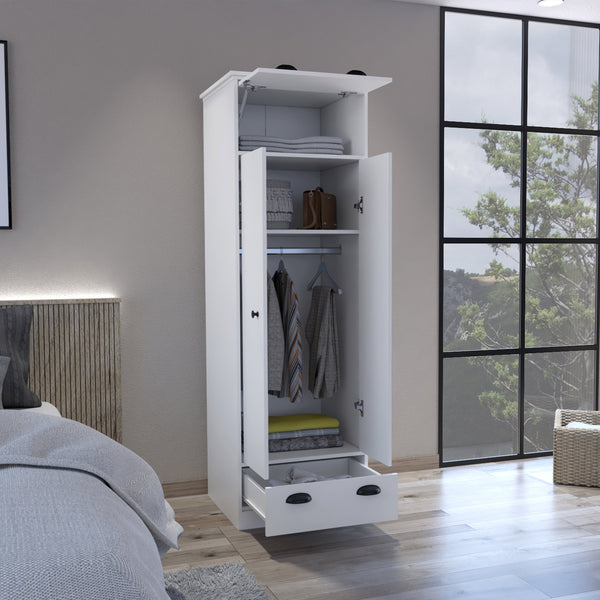 English Elm Falkland Armoire with Spacious Double-Door Storage, Hanging Rod, Upper Hinged Drawer & Chic Handles White 73 L x 24 W x 3 H B200S00368