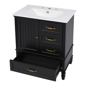 English Elm Christopher Knight Home® - 30" Bathroom Vanity with Ceramic Sink, Acacia & MDF Cabinet, Soft-Close Door & Drawers Black N759P346895B