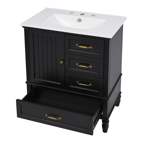 English Elm Christopher Knight Home® - 30" Bathroom Vanity with Ceramic Sink, Acacia & MDF Cabinet, Soft-Close Door & Drawers Black N759P346895B