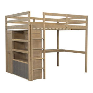 English Elm Wood Full Size Loft Bed with Built-In Desk, Wardrobe, Shelves & Drawers for Space-Saving Rooms Walnut GX000466AAD