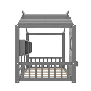 English Elm Twin House Floor Bed for Kids Montessori Playhouse with Roof, Built-In Shelf, Sturdy Pine Frame, Safeologna Gray 78.6 L x 16.6 W x 6.85 H N733P335064E