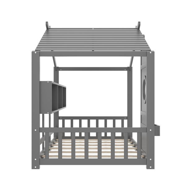 English Elm Twin House Floor Bed for Kids Montessori Playhouse with Roof, Built-In Shelf, Sturdy Pine Frame, Safeologna Gray 78.6 L x 16.6 W x 6.85 H N733P335064E