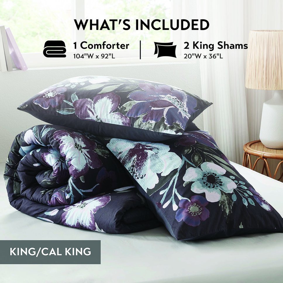 JLA Home Madison Park - 3 Cotton Printed Comforter Set with Dark Grey & Plum Floral Design, Breathable 100% Cotton Face, Machine Washable Elegance 92 L x 104 W x 1.5H MP10-8491