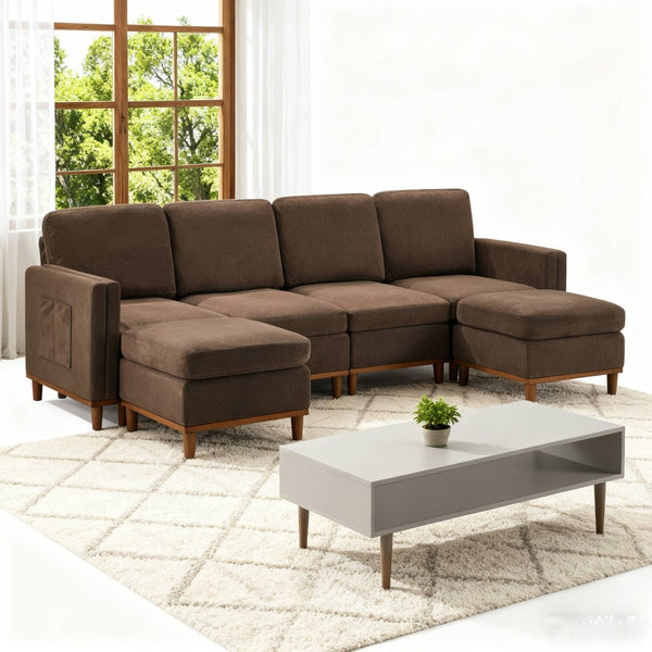 English Elm Modern Modular Sectional Sofa with Plush Cushions and Tapered Legs for Living Rooms Brown W2085S00100