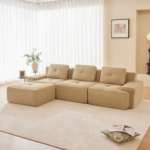 English Elm 117" Modern L-Shaped Sectional Sofa In Camel Corduroy – No Assembly, Deep Seats & Movable Ottoman W714S01468