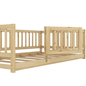 English Elm Twin Oak Montessori Floor Bed with Fence & Door, Twin Slatted Pine Frame, Low Profile for Kids (Natural) W1820P349300