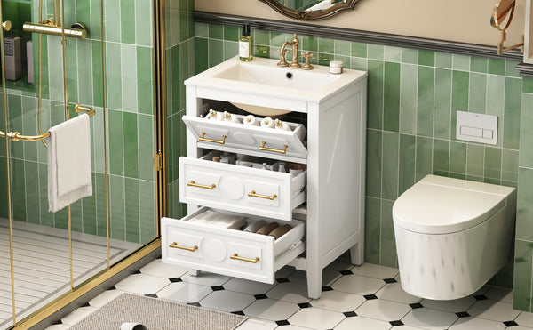 English Elm 24'' Bathroom Vanity with Ceramic Sink and 3 Drawers Retro Solid Wood Frame Freestanding Storage White N710P371184K