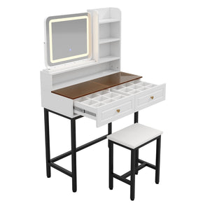 English Elm Makeup Vanity Set with Rotating Led Mirror Amber Glass Top Drawers and Charging Station N704P385441K