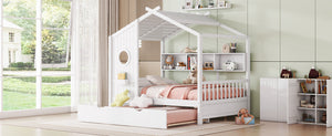 English Elm Wooden Full Size House Bed with Trundle and Built-In Shelves — Modern Pine Frame, Whimsical Roof Design White 57.2 L x 16.25 W x 5.9 H N733S316125K