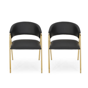 English Elm Christopher Knight Home® - DINING Champagne Black PU Upholstered Chairs Set of 2 with V‑Shaped Gold Electroplated Legs, Modern Glam Comfort 65368.00