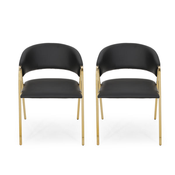 English Elm Christopher Knight Home® - DINING Champagne Black PU Upholstered Chairs Set of 2 with V‑Shaped Gold Electroplated Legs, Modern Glam Comfort 65368.00