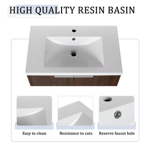 English Elm 72 Inch Wall Mounted Vanity with Resin Sink, Soft-Close Doors, Ample Storage Shelves, Durable Eco Plywood Finish California Walnut W999S00189