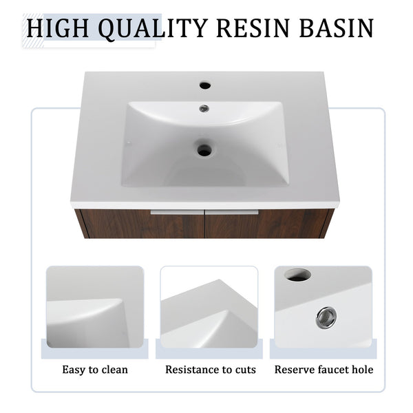 English Elm 72 Inch Wall Mounted Vanity with Resin Sink, Soft-Close Doors, Ample Storage Shelves, Durable Eco Plywood Finish California Walnut W999S00189
