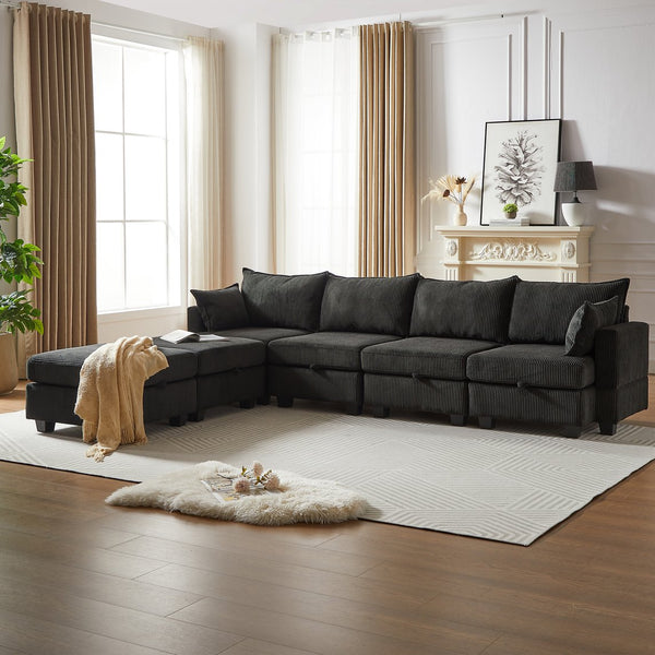 English Elm 113.5'' Modular Sectional Sofa with Storage Ottoman, Convertible U or L Shape Sleeper for 6 Seats Black W834S00250