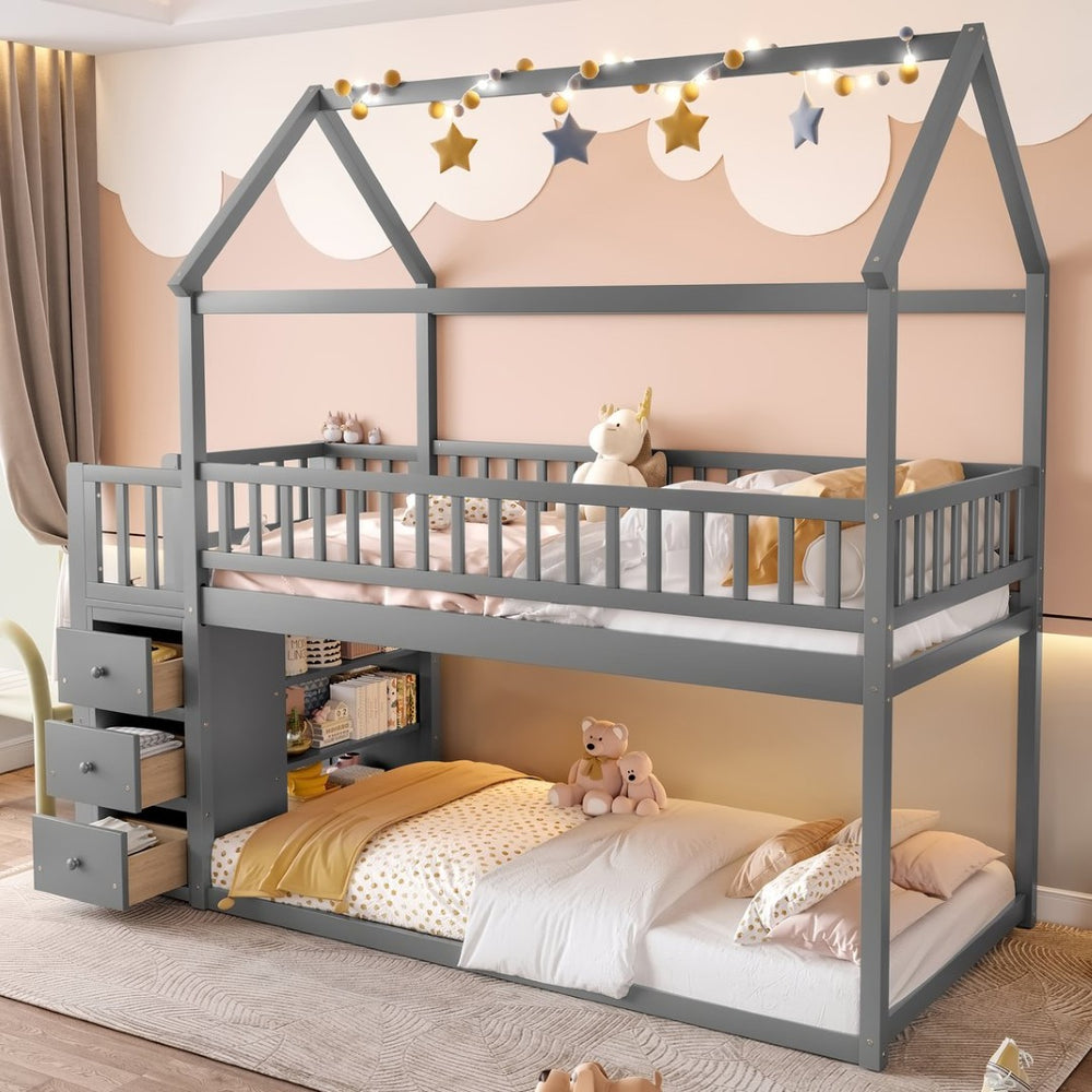 English Elm Twin/twin House Bunk Bed Solid Pine Playhouse Frame with Storage Drawers Shelves Grey W697S00033