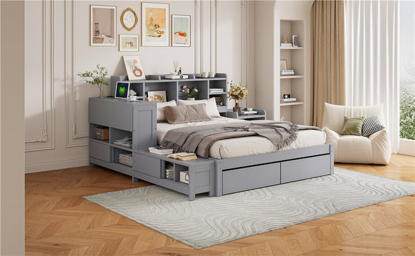 English Elm Full Size Wooden Platform Bed With Storage, Nightstand, Usb Desk, 2 Drawers - Stylish Gray Design N820S00029E