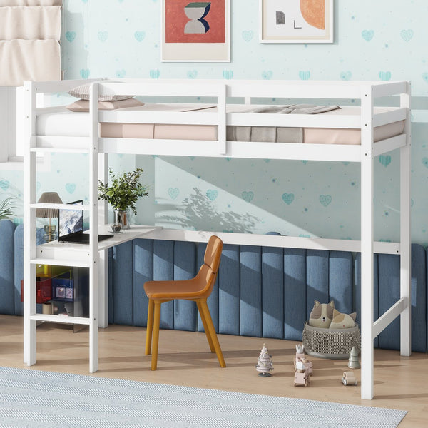 English Elm Twin High Loft Bed with Built-In Desk and Ladder — Space-Saving Rubberwood Study & Sleep Solution White W504P206979