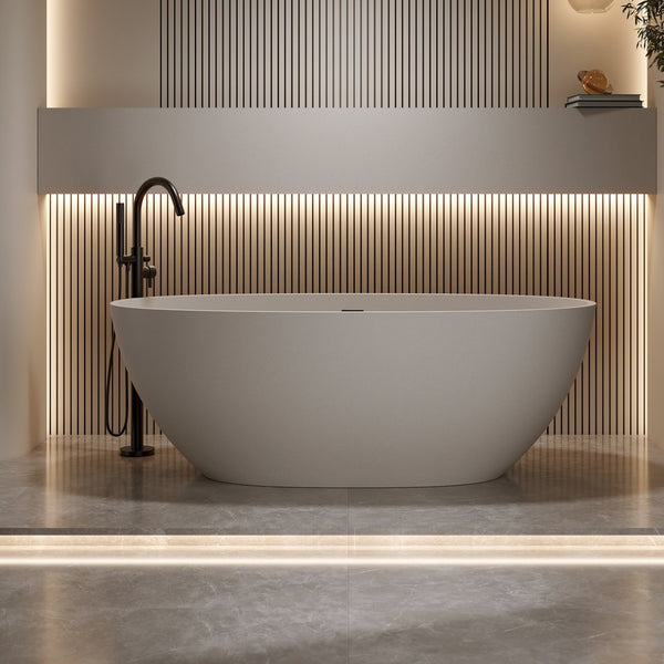 English Elm 55' 55 Inch Freestanding Stone Resin Soaking Tub Sculptural Oval Basin for Spa Bathrooms Beige W2753P415935
