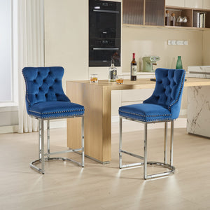 English Elm 25" High Back Velvet Counter Stools Set of 2 with Deep Button Tufting, Spring-Cushion Comfort & Chrome Base Blue W1143P217852
