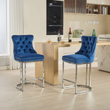 English Elm 25" Counter Height Bar Stools Set Of 2, Modern Velvet Barstools With Button Back&Rivet Trim Upholstered Kitchen Island Chairs With Sturdy Chromed Metal Base Legs Farmhouse Bar Stools, (Blue,2 Pack)