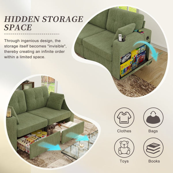 English Elm Sofas for Living Room Chenille Three Seat Couch with Usb Charging Storage and Cup Holder Olive W395S00146