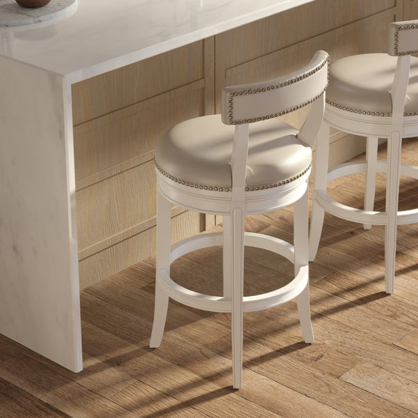 English Elm 31" Swivel Barstool Linen Upholstered Seat Nailhead Trim Warm Wood Kitchen Island White B2751P436449