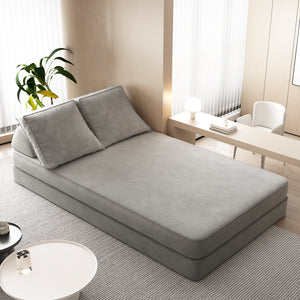 English Elm 86.6"Multifunctional Folding Sofa Bed with Chaise, Fluffy Chenille, Removable Backs & Pillows, Deep Seat Lounge LIGHT GREY W3219P340666
