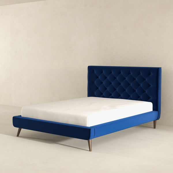 English Elm Ashcroft Furniture - Dillon Elegant Blue Velvet Platform Bed - Mid-Century Modern Design With No-Box-Spring Required B183S00080
