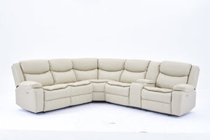 English Elm L Leather Power Reclining Sectional Sofa with USB Ports, Storage Console, Breathable Seating for 5 Cream W791S00016