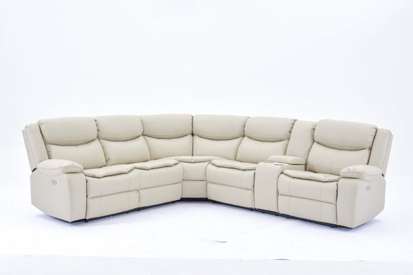 English Elm L Leather Power Reclining Sectional Sofa with USB Ports, Storage Console, Breathable Seating for 5 Cream W791S00016