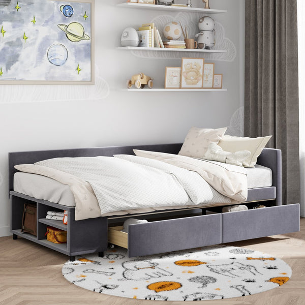 English Elm Twin Velvet L-Shaped Upholstered Platform Bed with Plush Headboard, Hidden Drawers & Cabinet Storage Gray SF000182AAE