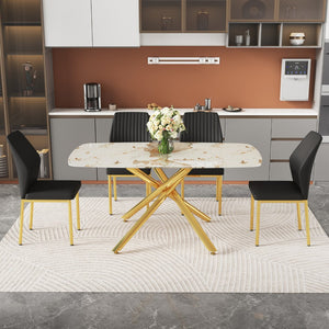 English Elm Table and Chair Set Marble Glass Top Gold X Base with Black Pu Seating for Four W1151S04542