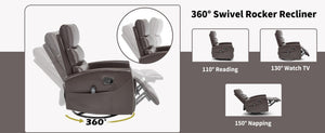 English Elm Heat Massage Rocker Swivel Recliner with 8-node Vibration and Lumbar Relief W3224P321865