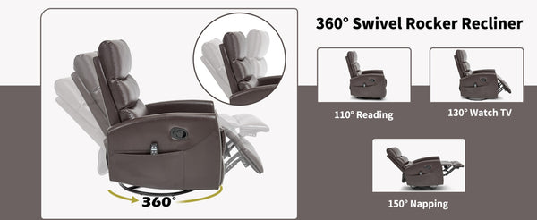 English Elm Heat Massage Rocker Swivel Recliner with 8-node Vibration and Lumbar Relief W3224P321865