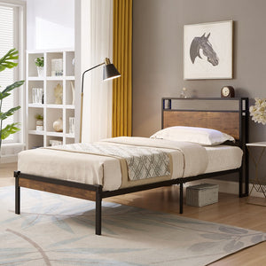 English Elm Twin Metal Platform Bed Frame with Wooden Headboard & Footboard, USB Port, 10" Storage, 400LB Limit W2297P222789