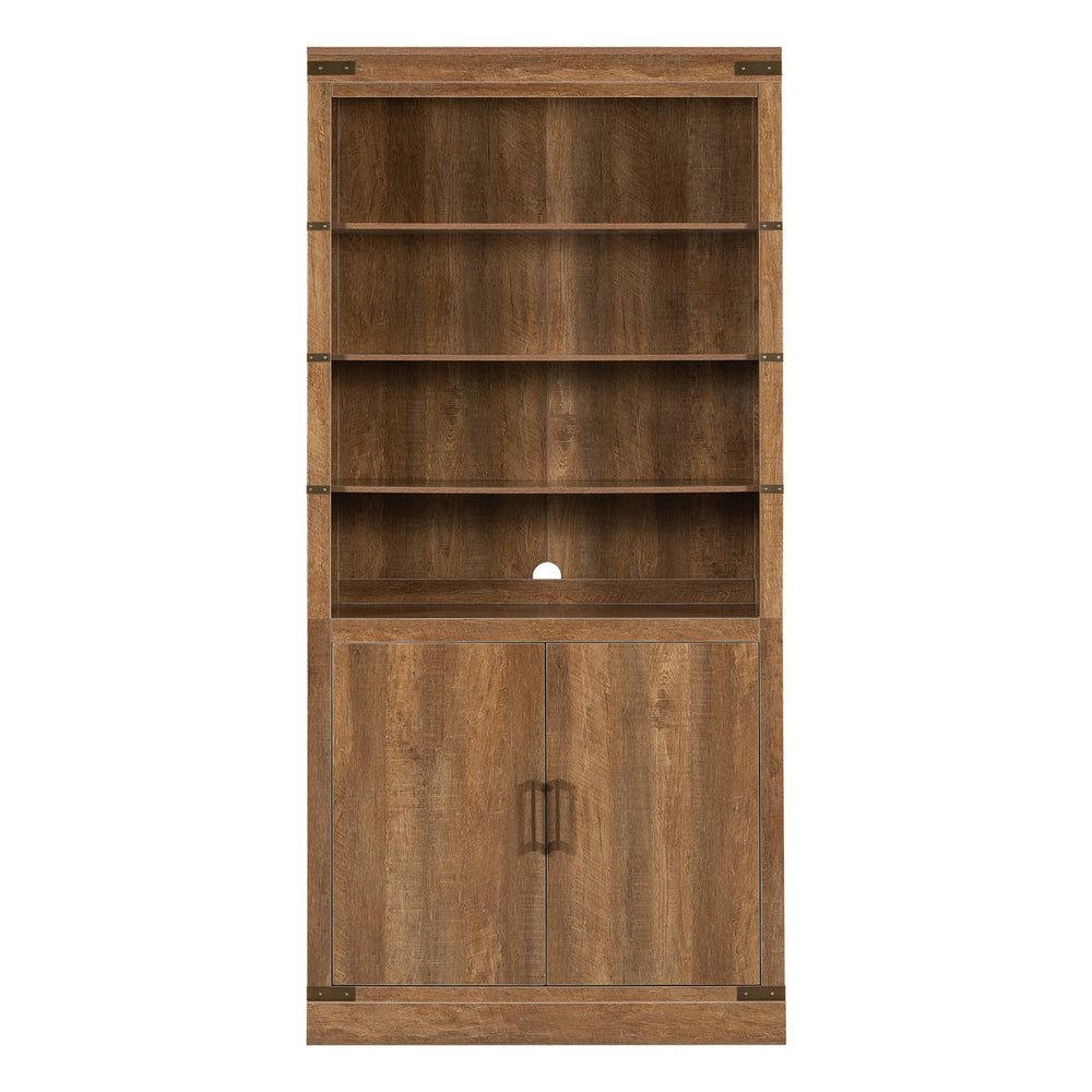 English Elm 83.4"Tall Modern Bookshelf with Doors Walnut, LED Accent Lighting, 3 Adjustable Shelves, Storage Cabinet N751S346154W