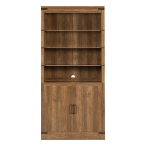 English Elm 83.4"Tall Modern Bookshelf with Doors Walnut, LED Accent Lighting, 3 Adjustable Shelves, Storage Cabinet N751S346154W