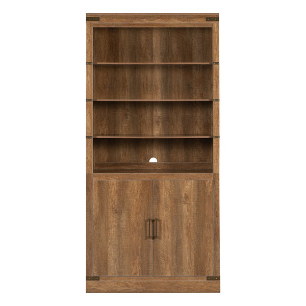 English Elm 83.4"Tall Modern Bookshelf with Doors Walnut, LED Accent Lighting, 3 Adjustable Shelves, Storage Cabinet N751S346154W