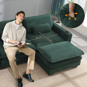 English Elm L Shape Sofa Couch With Usb Ports & Cup Holders, Stylish Green Corduroy 3-Seater & Storage Ottoman W2100S00183