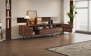 English Elm 76" Modern Chic TV Stand for Up to 85" TVs — Rattan Accents, Solid Wood Legs, Soft-Close Doors & Drawers N710P339467P