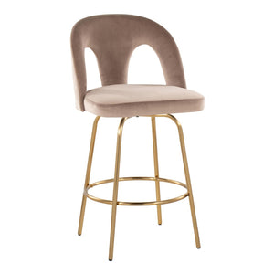 English Elm Fixed-height Swivel Counterstools with White Upholstery Gold Footrest Set of 2 Taupe B202S01790