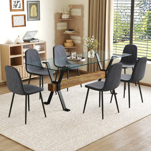 English Elm Table And Chair Set: Modern 79"X31.5" Glass Top With X-Shaped Metal Legs & 6 Dark Gray Linen Chairs W1151S03601-GIGA