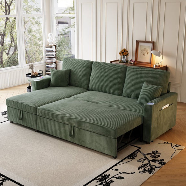 English Elm Sectional Sleeper Sofa Corduroy Cloud Couch with Storage Chaise and Usb Charging Ports Green W1825S00077