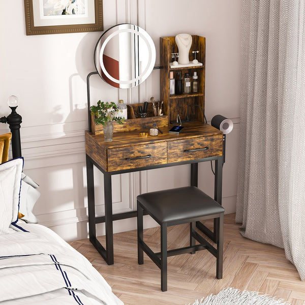 English Elm Makeup Vanity Table with LED Lights, Built-In Outlet & USB, Large Drawers, Hair Dryer Stand Brown W509P297015