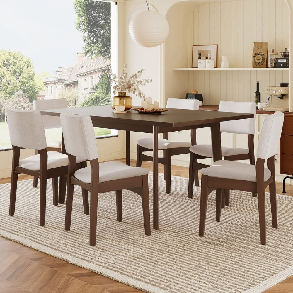 English Elm 7-piece Rectangular Rubberwood Dining Set with Six Linen Upholstered Stackable Chairs Dark Walnut N752S000018D
