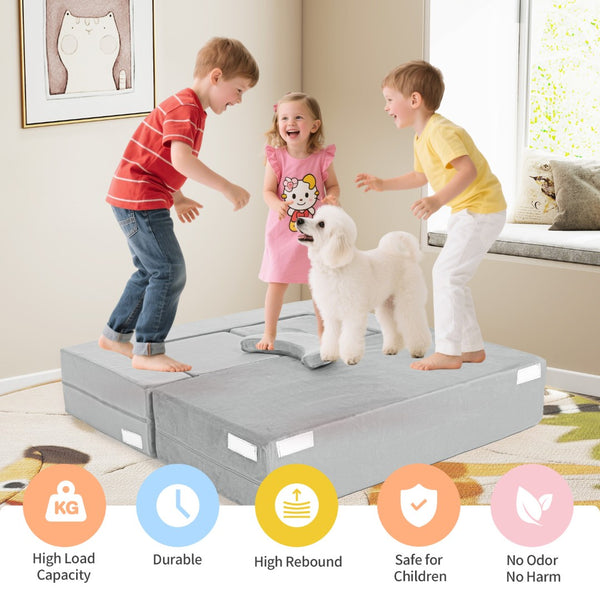 English Elm 5-piece Modular Foam Play Couch Velvet Toddler Sofa Foldable Kids Playroom Set Light Gray T5880P493434